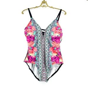 CLEANWATER Strappy Floral Medallion Plunge 1 Piece Swimsuit - L